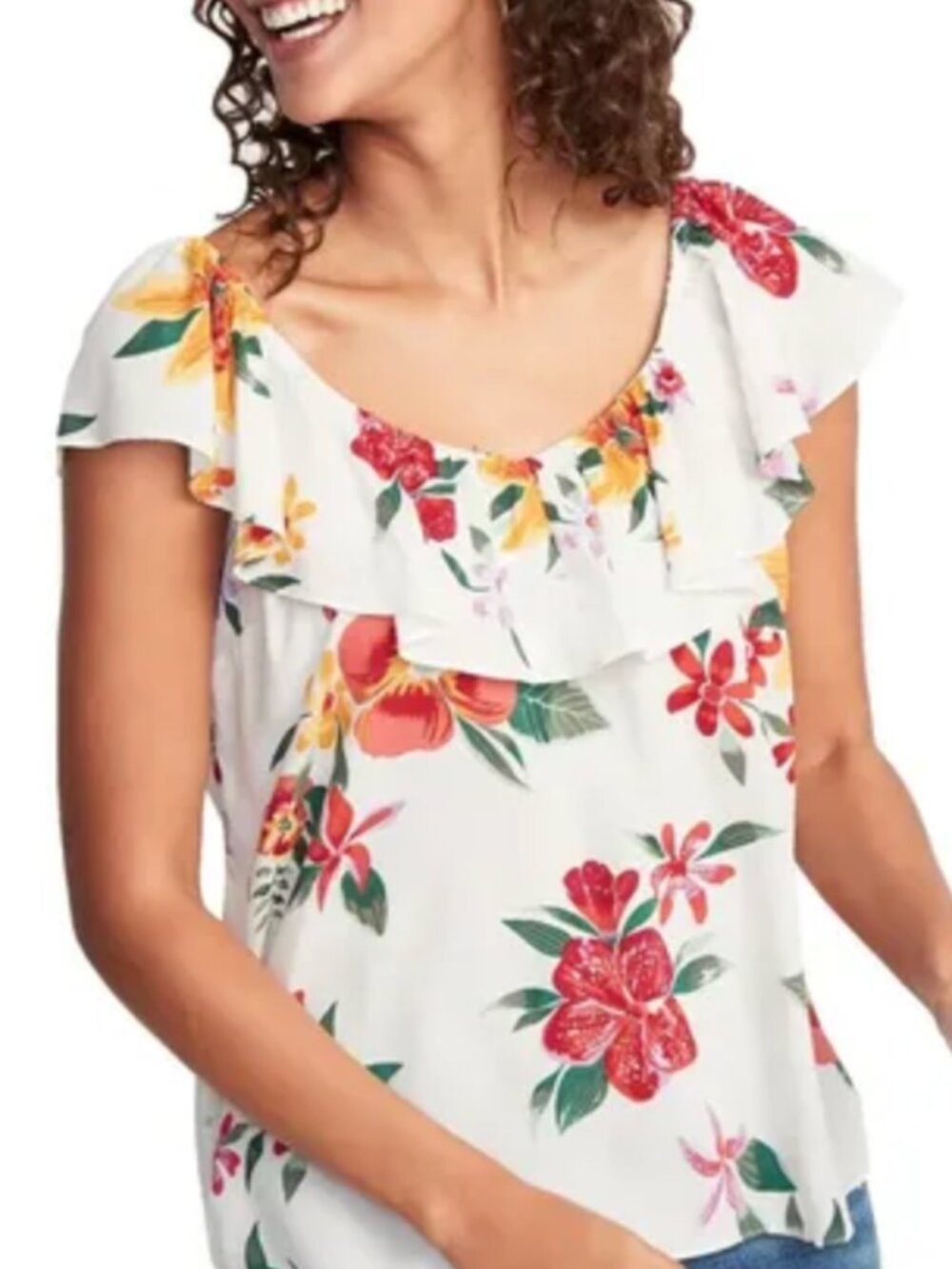 NEW NWT OLD NAVY Sleeveless Ruffle Trim Floral Top White Floral Off the Shoulder